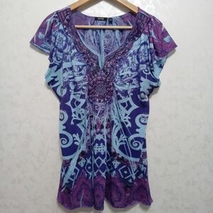 Apt. 9 Purple & Blue Boho Embellished V-Neck Tunic Top - Size XL